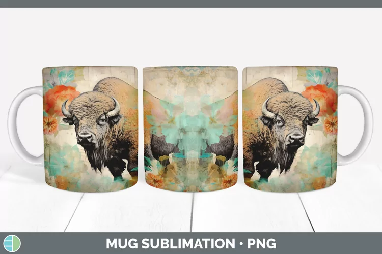 Vintage Bison Mug Wrap | Sublimation Coffee Cup Designs