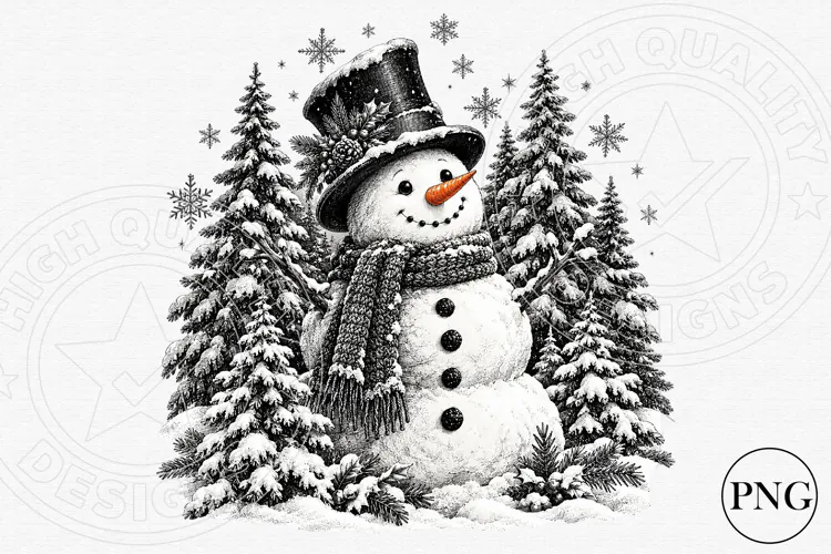 Vintage Black and White Christmas Snowman PNG | Winter Wonde