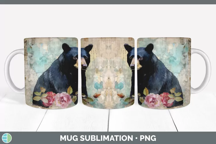 Vintage Black Bear Mug Wrap | Sublimation Coffee Cup Designs