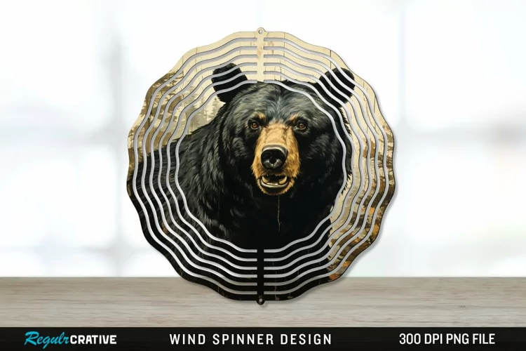 Vintage Black Bear Wind Spinner Sublimation PNG Design