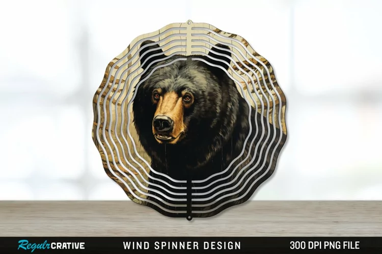 Vintage Black Bear Wind Spinner Sublimation PNG Design