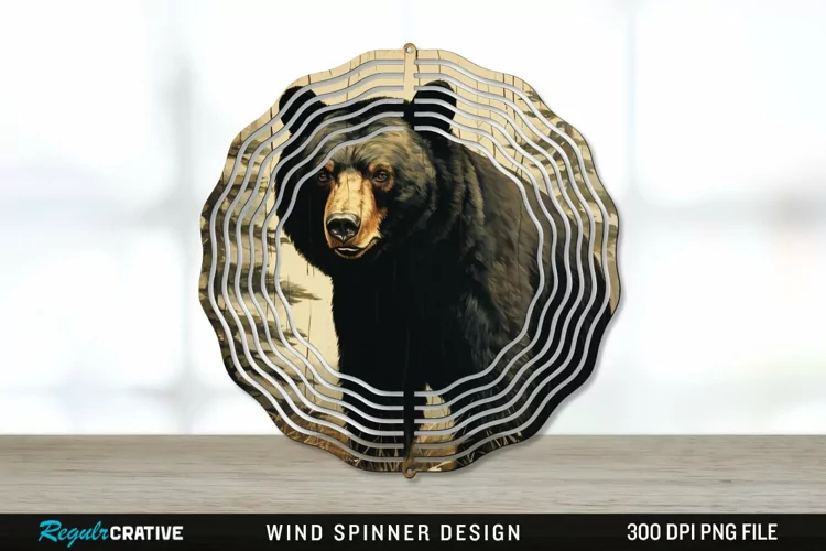 Vintage Black Bear Wind Spinner Sublimation PNG Design