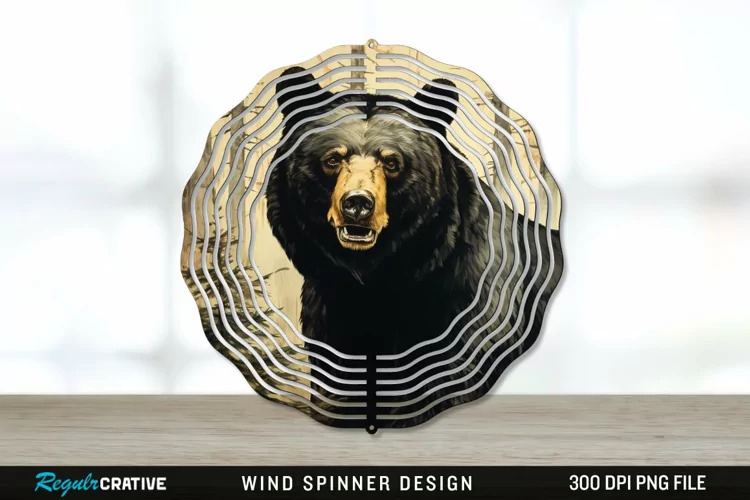 Vintage Black Bear Wind Spinner Sublimation PNG Design