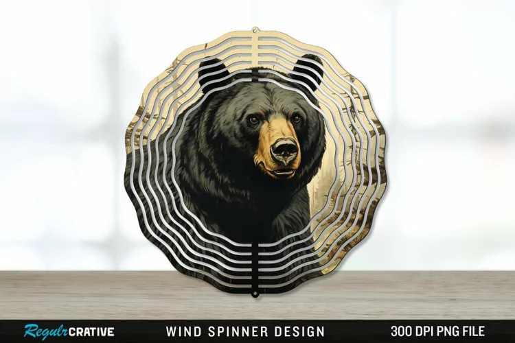 Vintage Black Bear Wind Spinner Sublimation PNG Design