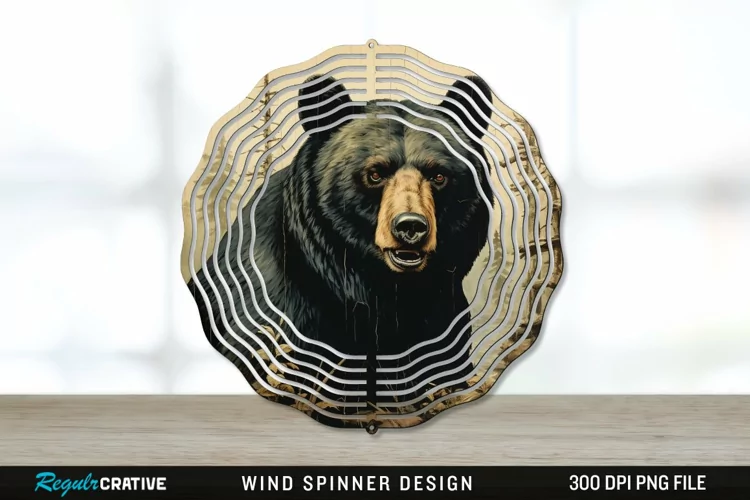 Vintage Black Bear Wind Spinner Sublimation PNG Design