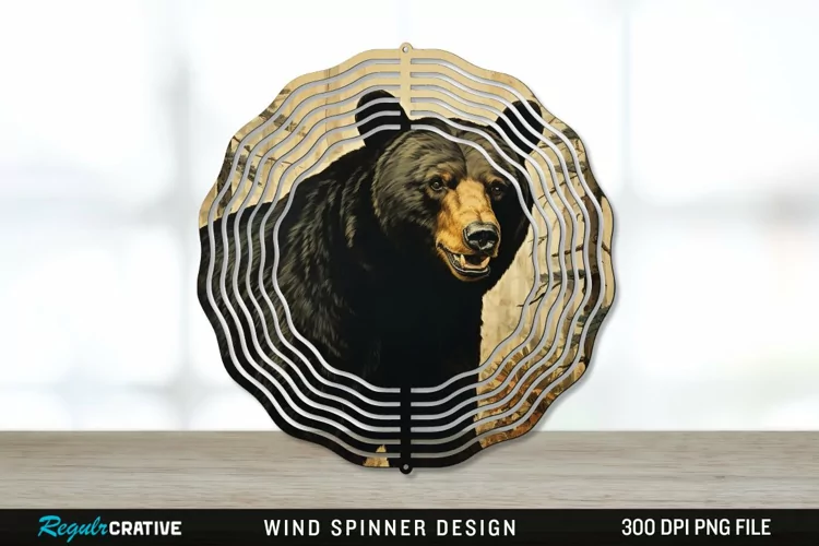 Vintage Black Bear Wind Spinner Sublimation PNG Design