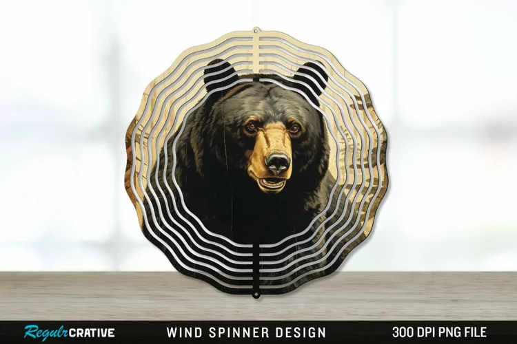 Vintage Black Bear Wind Spinner Sublimation PNG Design