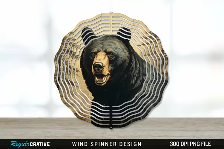 Vintage Black Bear Wind Spinner Sublimation PNG Design