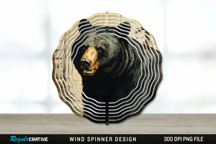 Vintage Black Bear Wind Spinner Sublimation PNG Design