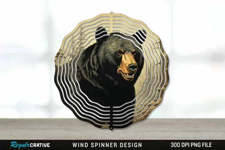 Vintage Black Bear Wind Spinner Sublimation PNG Design