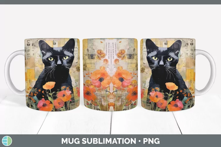 Vintage Black Cat Mug Wrap | Sublimation Coffee Cup Designs