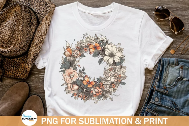 Vintage Floral Butterfly Wreath PNG, Butterflies Sublimation