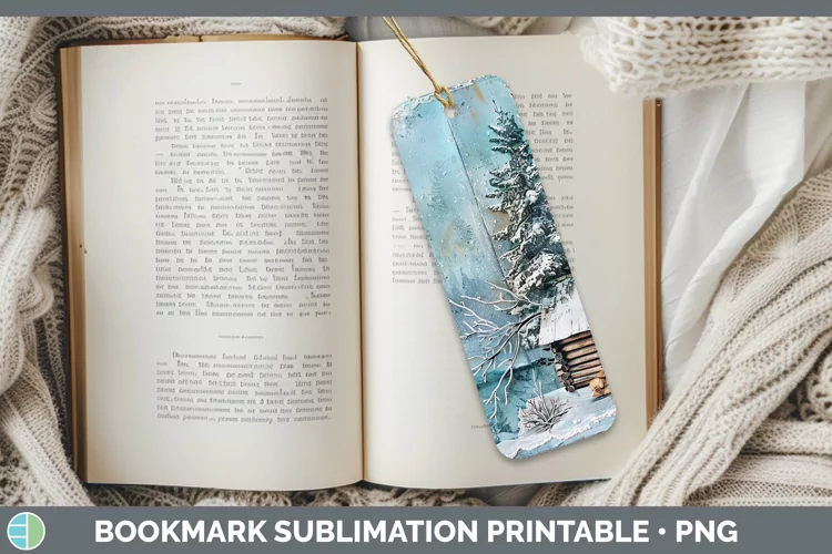 Vintage Blue Christmas Cabin Bookmark Sublimation Printable