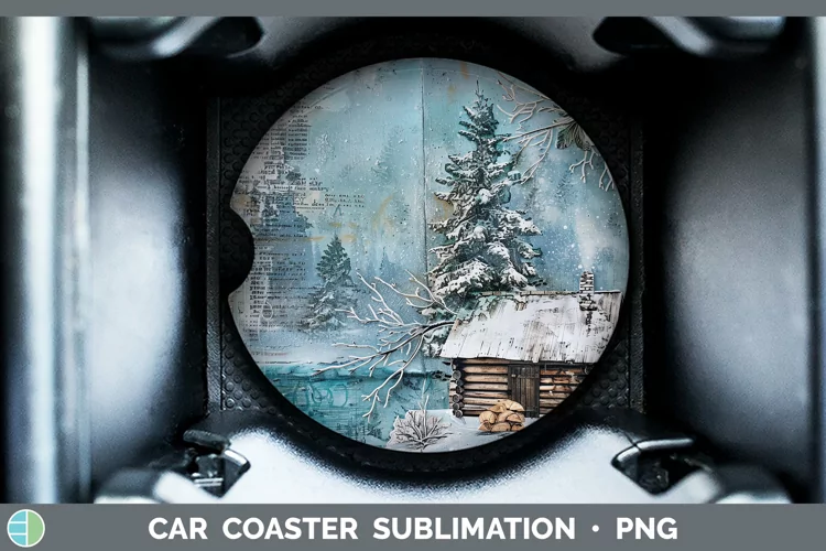 Vintage Blue Christmas Cabin Car Coaster Sublimation Design
