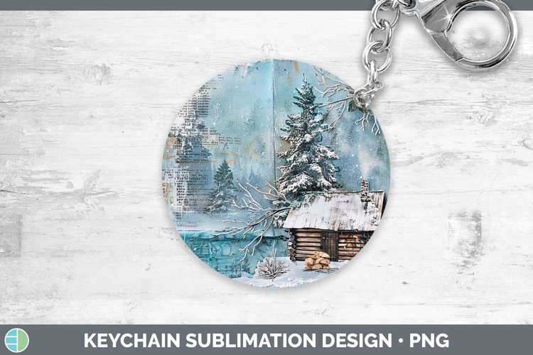 Vintage Blue Christmas Cabin Keychain Sublimation Keyring De