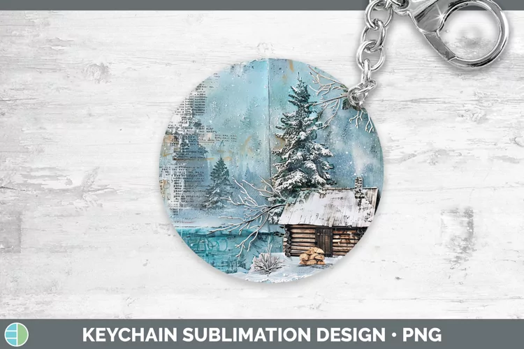 Vintage Blue Christmas Cabin Keychain Sublimation Keyring De