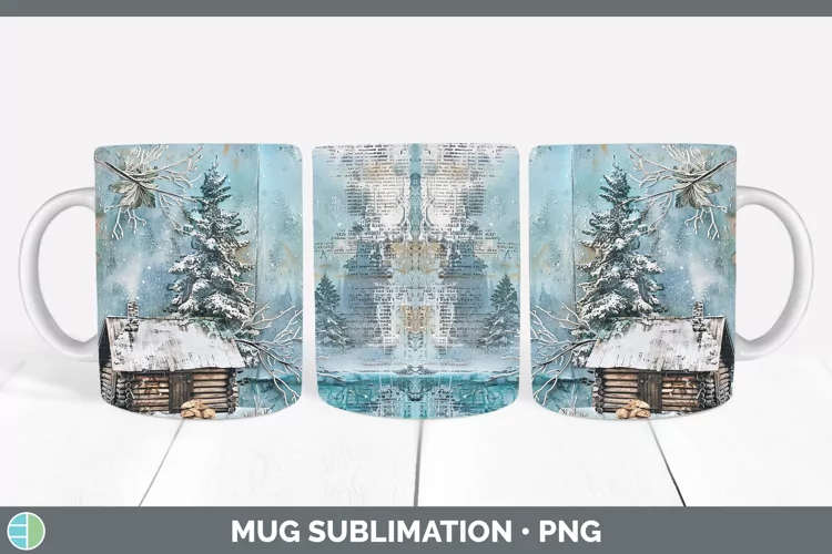 Vintage Blue Christmas Cabin Mug Wrap Sublimation Coffee Cup