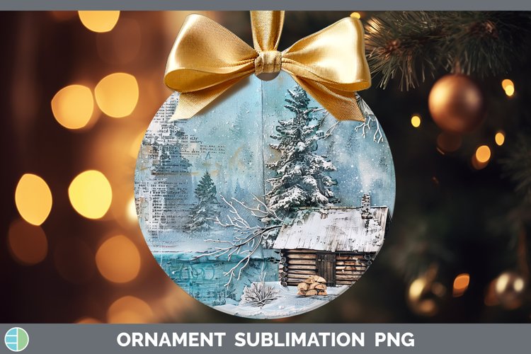 Vintage Blue Christmas Cabin Ornament Sublimation Bauble Des