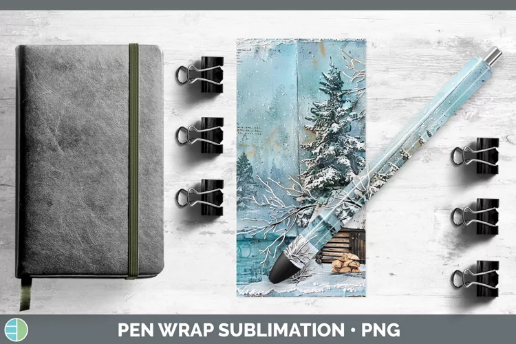 Vintage Blue Christmas Cabin Pen Wrap Sublimation Pen Design