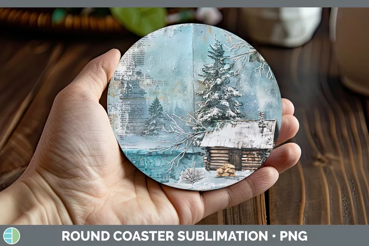 Vintage Blue Christmas Cabin Round Coaster Sublimation Coast