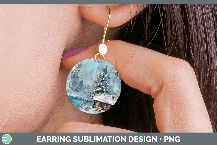 Vintage Blue Christmas Cabin Round Earrings Sublimation Earr