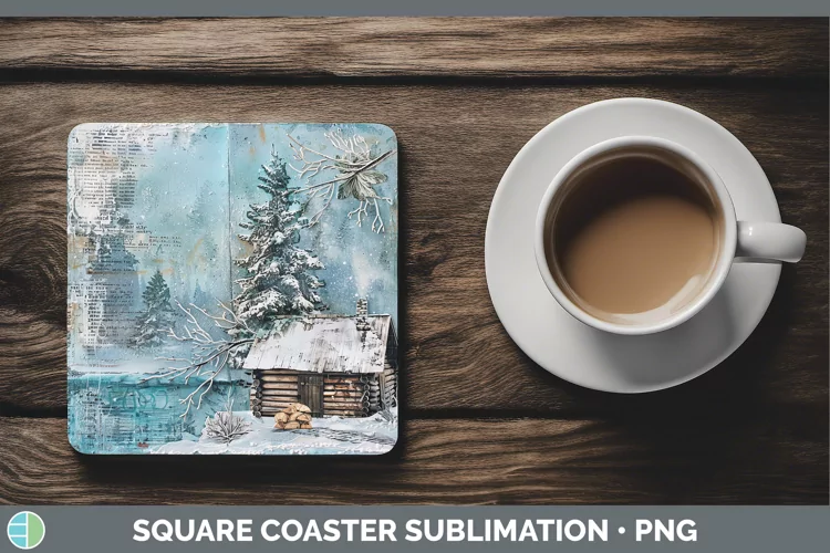 Vintage Blue Christmas Cabin Square Coaster Sublimation Coas