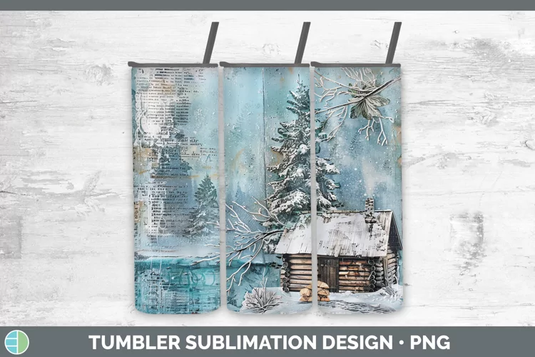 Vintage Blue Christmas Cabin Tumbler Sublimation 20 oz Skinn