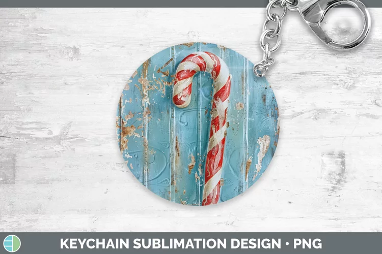 Vintage Blue Christmas Candy Cane Keychain Sublimation Keyri