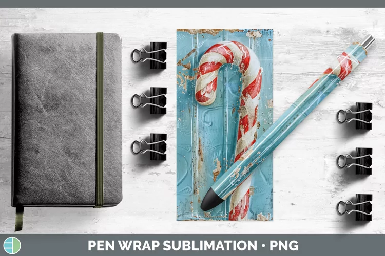 Vintage Blue Christmas Candy Cane Pen Wrap Sublimation Pen D
