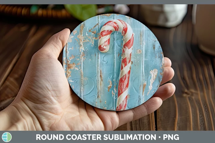 Vintage Blue Christmas Candy Cane Round Coaster Sublimation