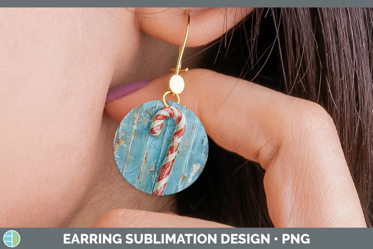 Vintage Blue Christmas Candy Cane Round Earrings Sublimation
