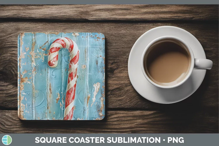 Vintage Blue Christmas Candy Cane Square Coaster Sublimation