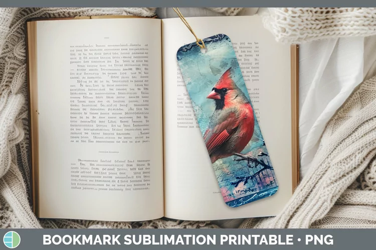 Vintage Blue Christmas Cardinal Bookmark Sublimation Printab