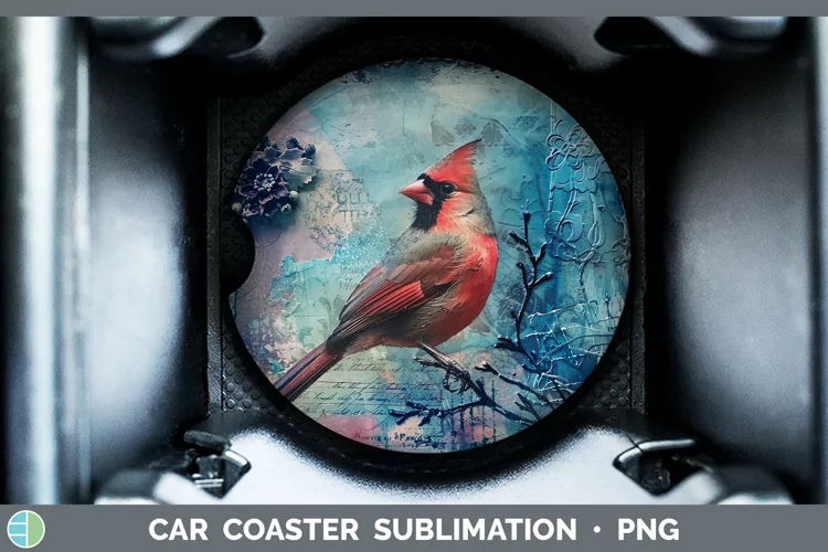 Vintage Blue Christmas Cardinal Car Coaster Sublimation Des