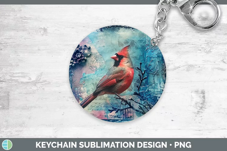 Vintage Blue Christmas Cardinal Keychain Sublimation Keyring