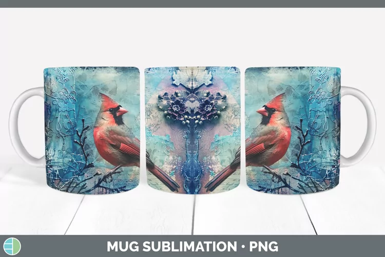 Vintage Blue Christmas Cardinal Mug Wrap Sublimation Coffee