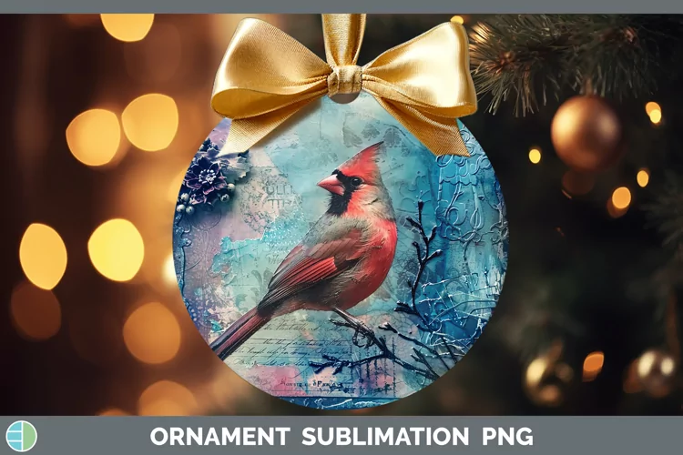 Vintage Blue Christmas Cardinal Ornament Sublimation Bauble