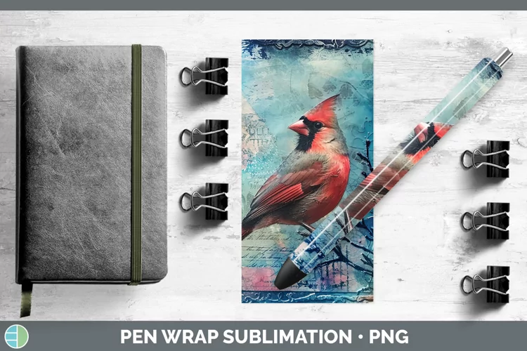 Vintage Blue Christmas Cardinal Pen Wrap Sublimation Pen Des