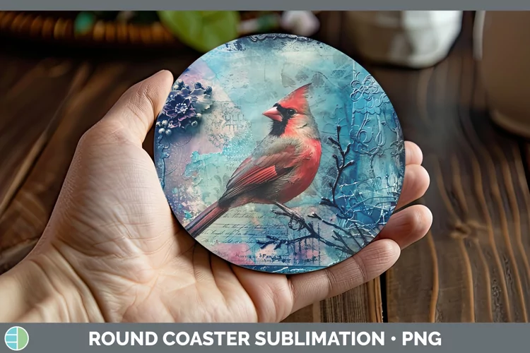 Vintage Blue Christmas Cardinal Round Coaster Sublimation Co