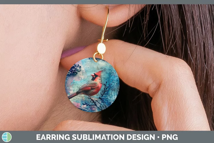 Vintage Blue Christmas Cardinal Round Earrings Sublimation E