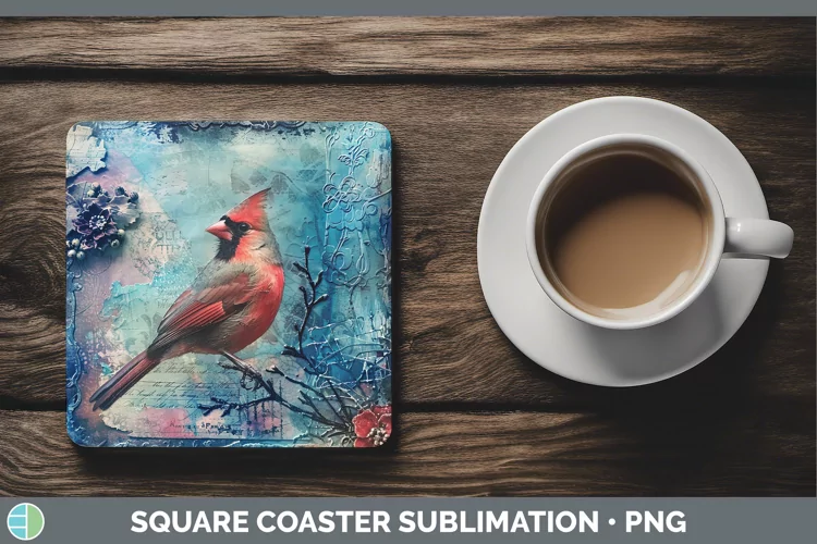 Vintage Blue Christmas Cardinal Square Coaster Sublimation C