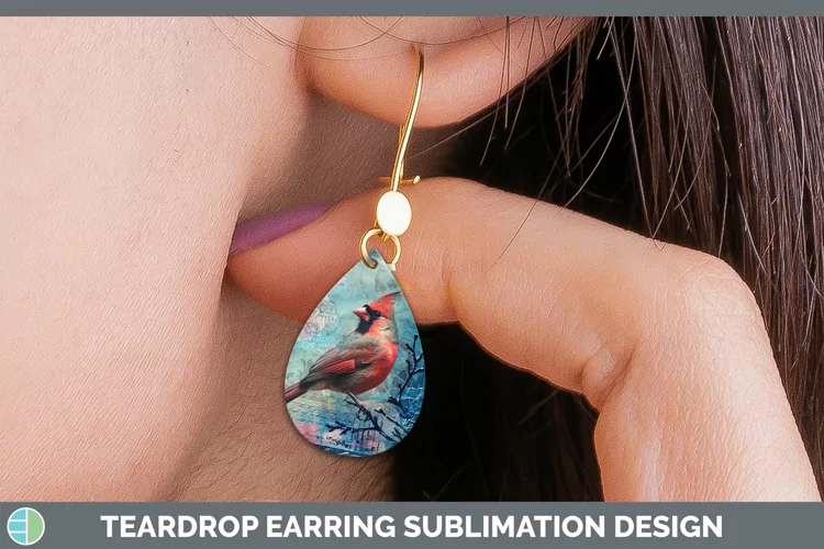 Vintage Blue Christmas Cardinal Teardrop Earrings Sublimatio