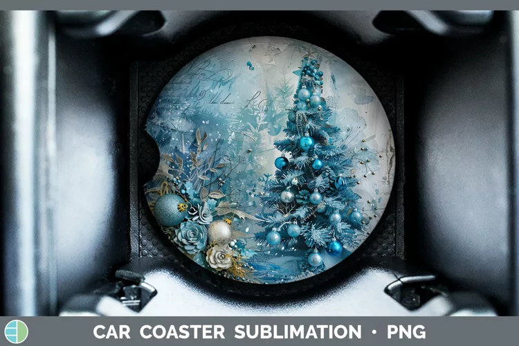 Vintage Blue Christmas Tree Car Coaster Sublimation De
