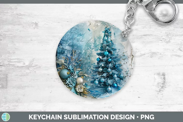 Vintage Blue Christmas Tree Keychain Sublimation Keyrin