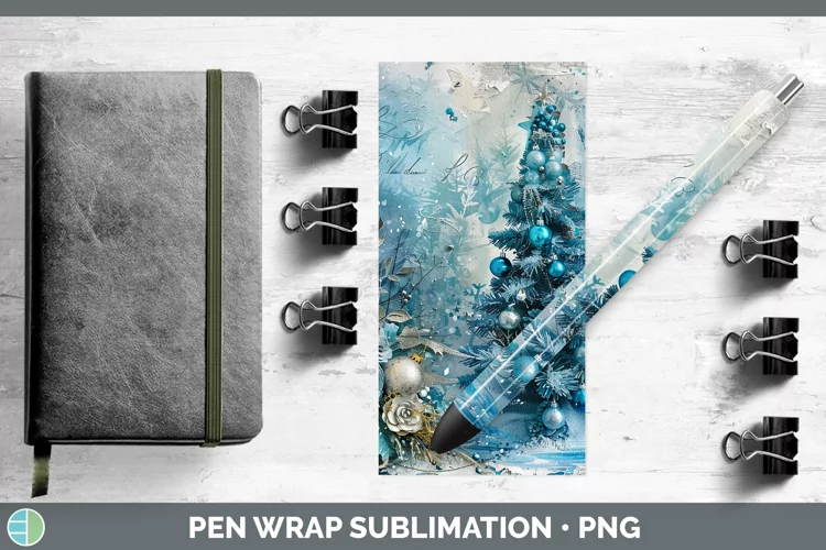 Vintage Blue Christmas Tree Pen Wrap Sublimation Pen De