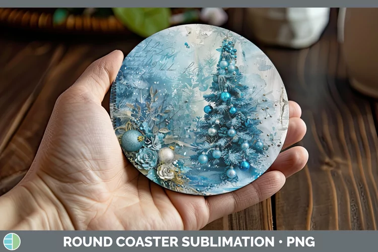 Vintage Blue Christmas Tree Round Coaster Sublimation C