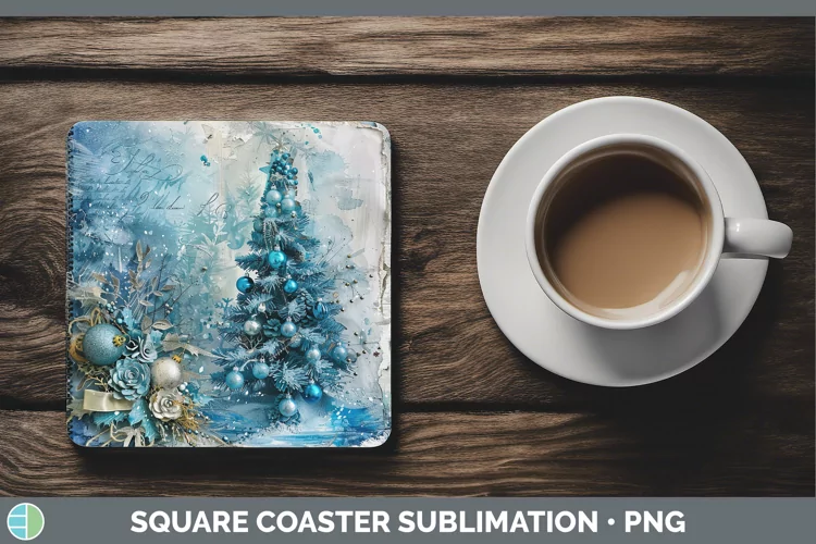 Vintage Blue Christmas Tree Square Coaster Sublimation