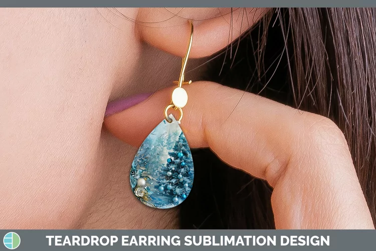Vintage Blue Christmas Tree Teardrop Earrings Sublimati