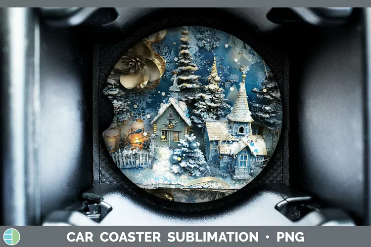 Vintage Blue Christmas Village Car Coaster Sublimation