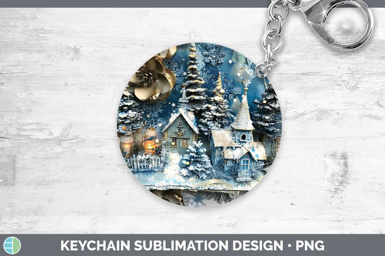Vintage Blue Christmas Village Keychain Sublimation Key